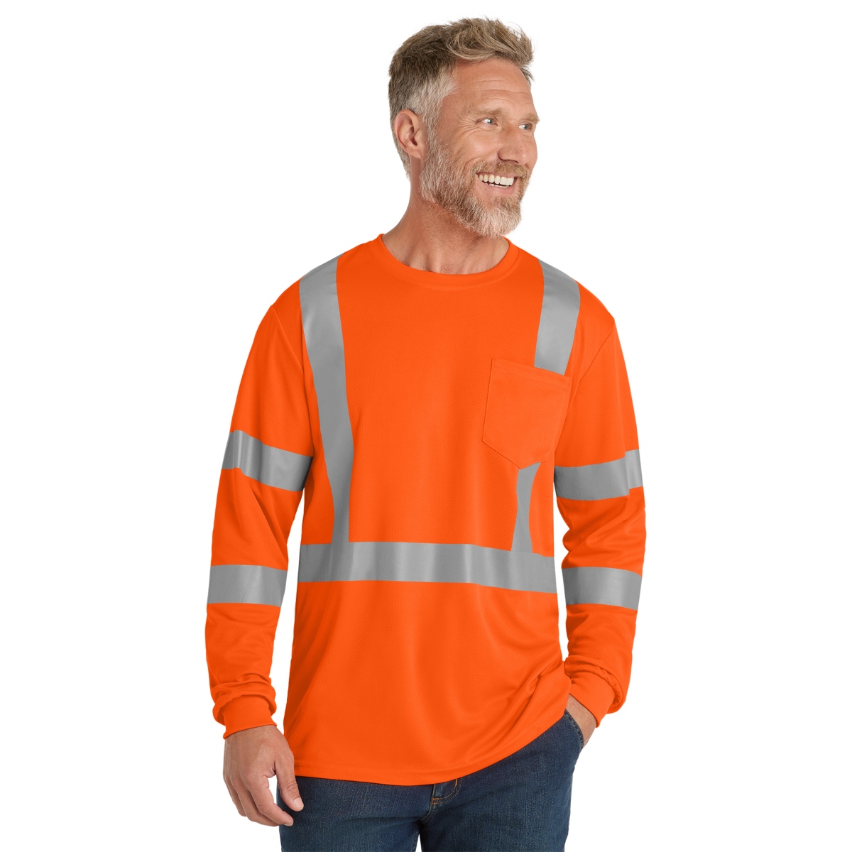 ANSI Class 3 high-visibility polyester mesh T-shirt with moisture-wicking fabric, 2-inch reflective tape, left chest pocket, and rib-knit neck and cuffs.