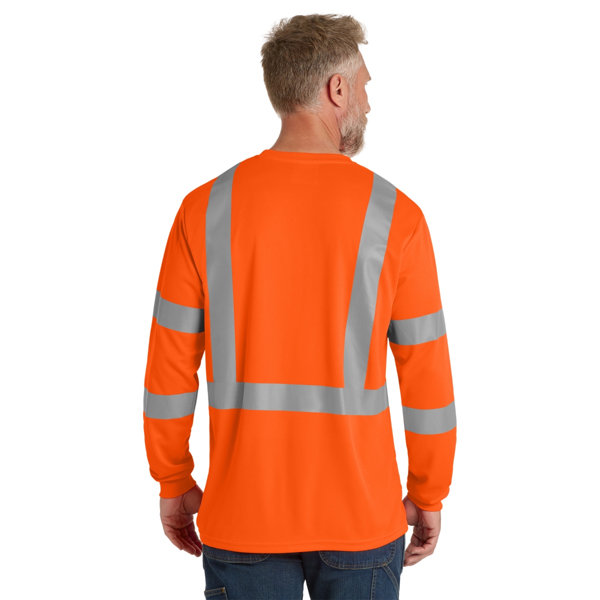 ANSI Class 3 high-visibility polyester mesh T-shirt with moisture-wicking fabric, 2-inch reflective tape, left chest pocket, and rib-knit neck and cuffs.
