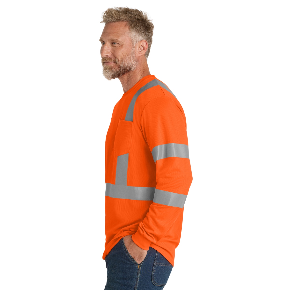 ANSI Class 3 high-visibility polyester mesh T-shirt with moisture-wicking fabric, 2-inch reflective tape, left chest pocket, and rib-knit neck and cuffs.