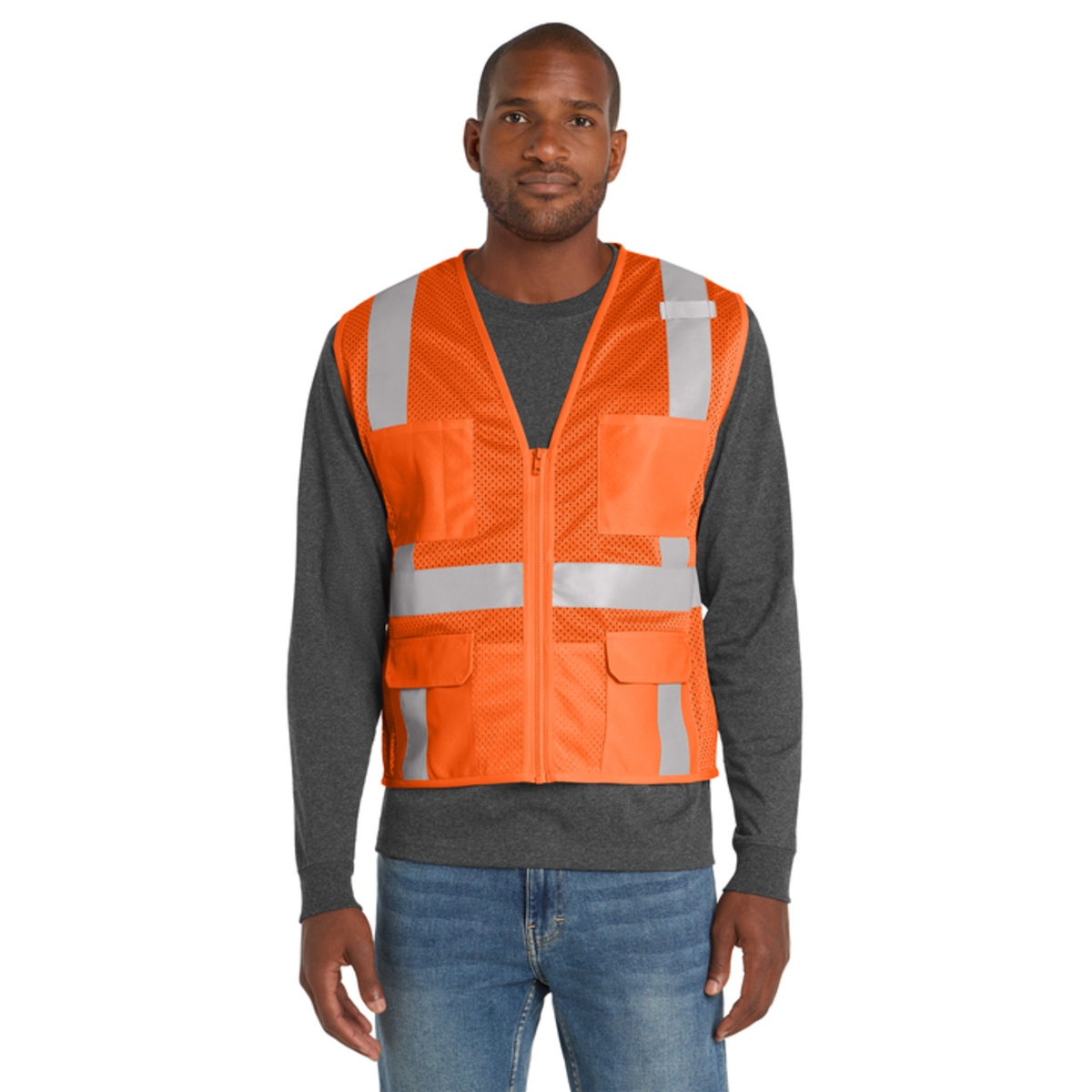 High-visibility polyester mesh vest with 2-inch reflective tape, six storage pockets, and durable tricot pocket panels for tools and work essentials.