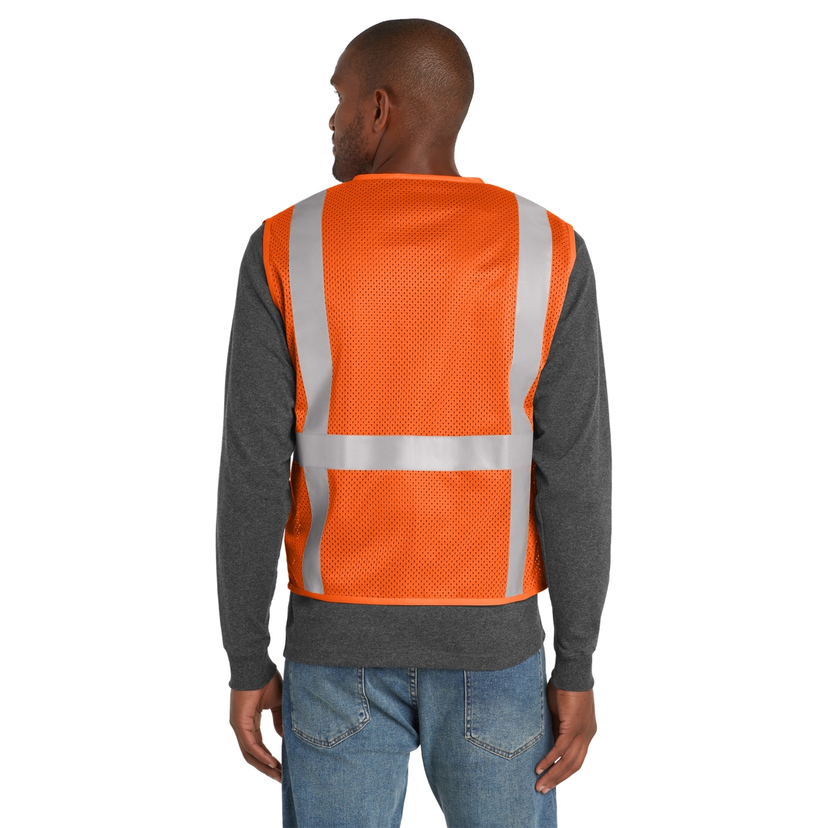 High-visibility polyester mesh vest with 2-inch reflective tape, six storage pockets, and durable tricot pocket panels for tools and work essentials.