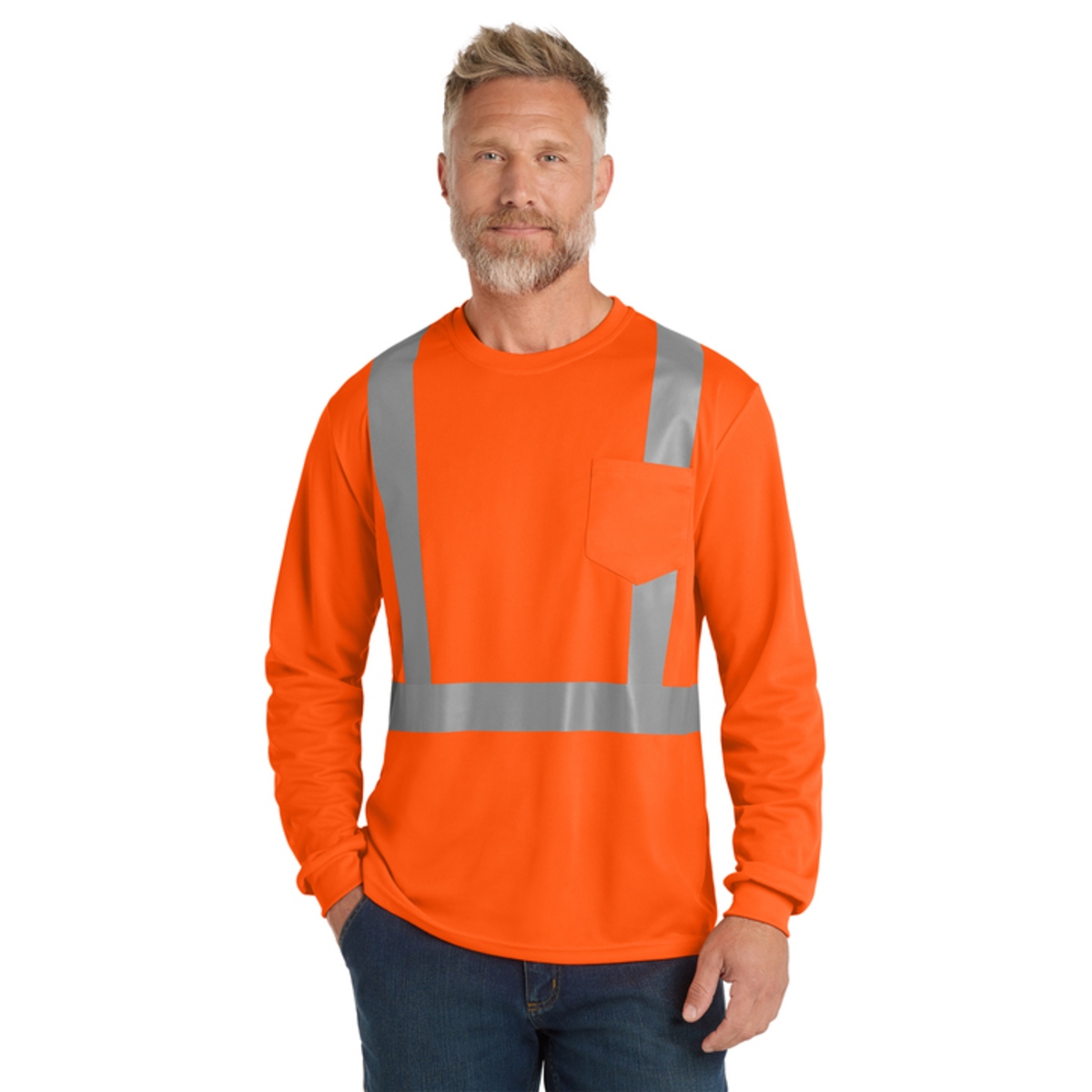 High-visibility 4.1 oz. polyester mesh T-shirt with moisture-wicking fabric, UPF 30 protection, and 2-inch reflective tape for 360-degree visibility.