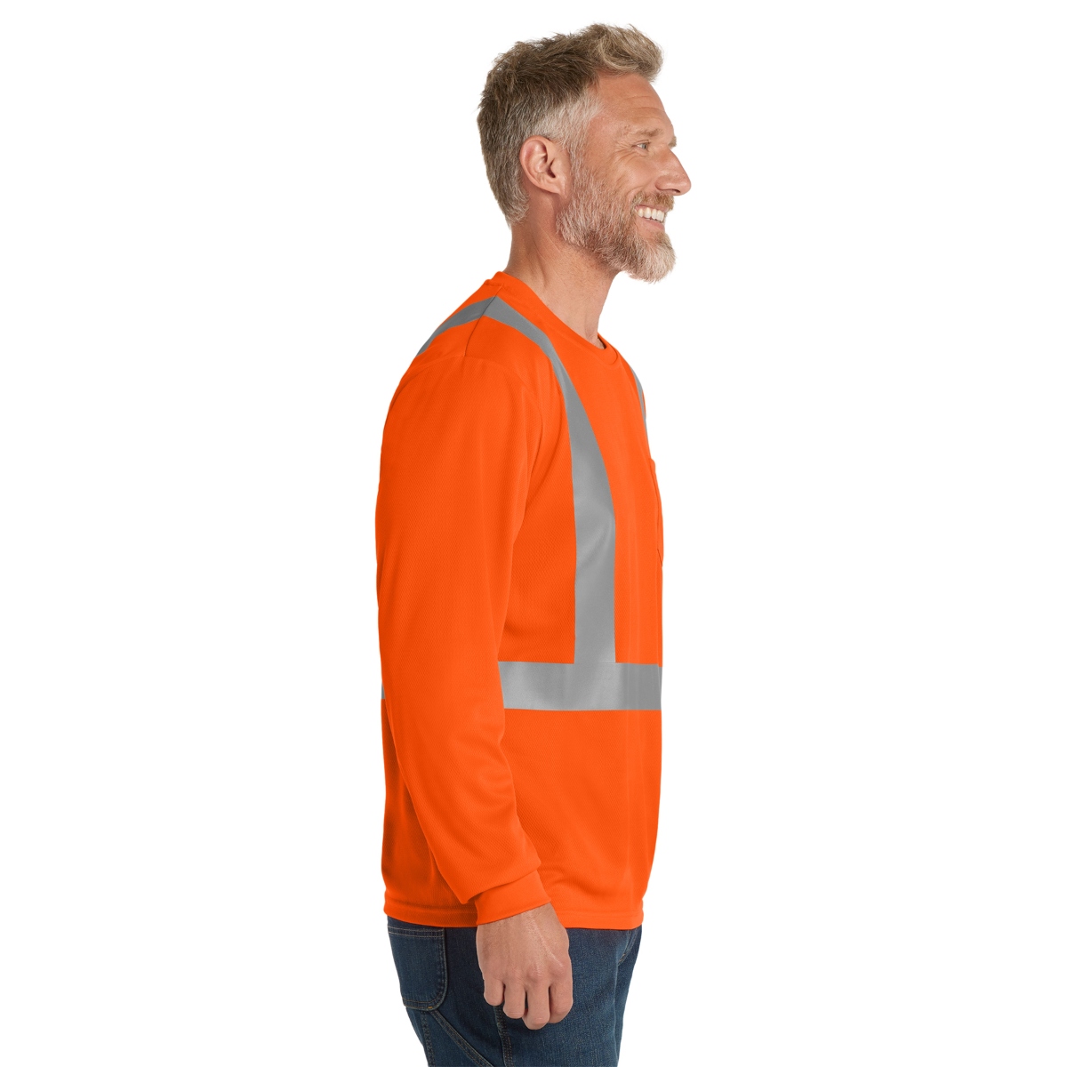 High-visibility 4.1 oz. polyester mesh T-shirt with moisture-wicking fabric, UPF 30 protection, and 2-inch reflective tape for 360-degree visibility.