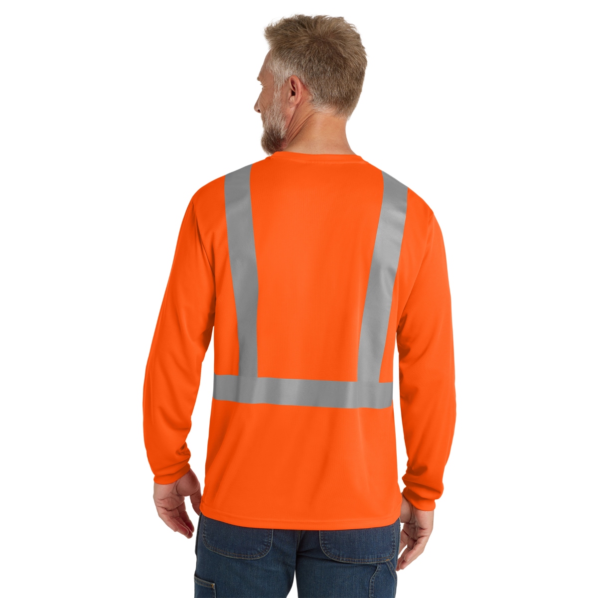 High-visibility 4.1 oz. polyester mesh T-shirt with moisture-wicking fabric, UPF 30 protection, and 2-inch reflective tape for 360-degree visibility.