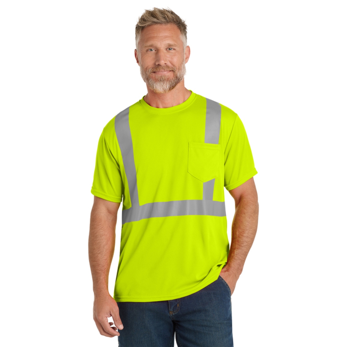 High-visibility polyester mesh T-shirt with moisture-wicking fabric, UPF 30 protection, and 2-inch reflective tape for 360-degree visibility.