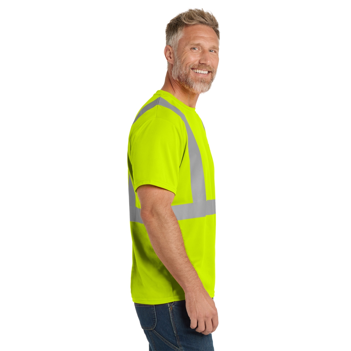 High-visibility polyester mesh T-shirt with moisture-wicking fabric, UPF 30 protection, and 2-inch reflective tape for 360-degree visibility.