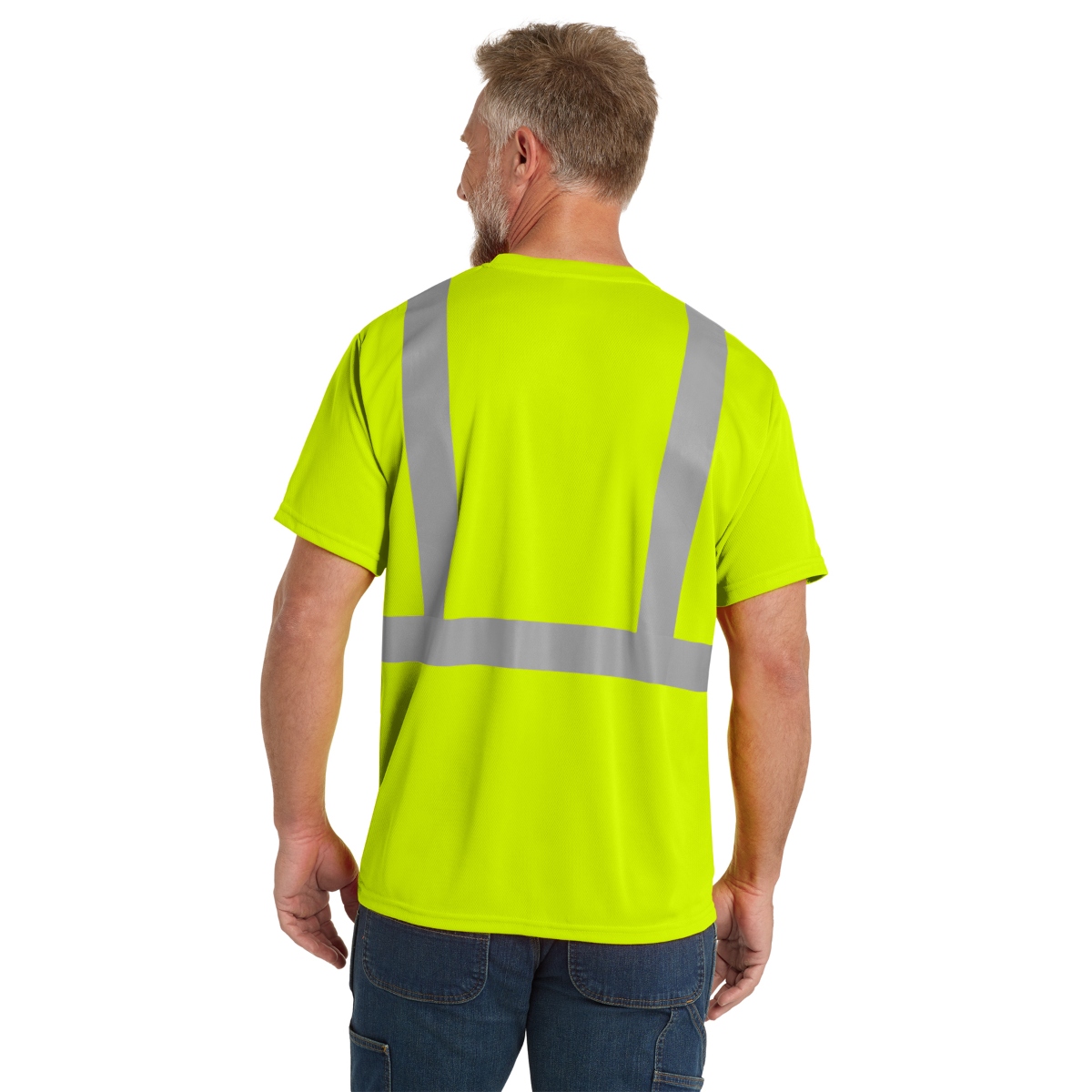 High-visibility polyester mesh T-shirt with moisture-wicking fabric, UPF 30 protection, and 2-inch reflective tape for 360-degree visibility.