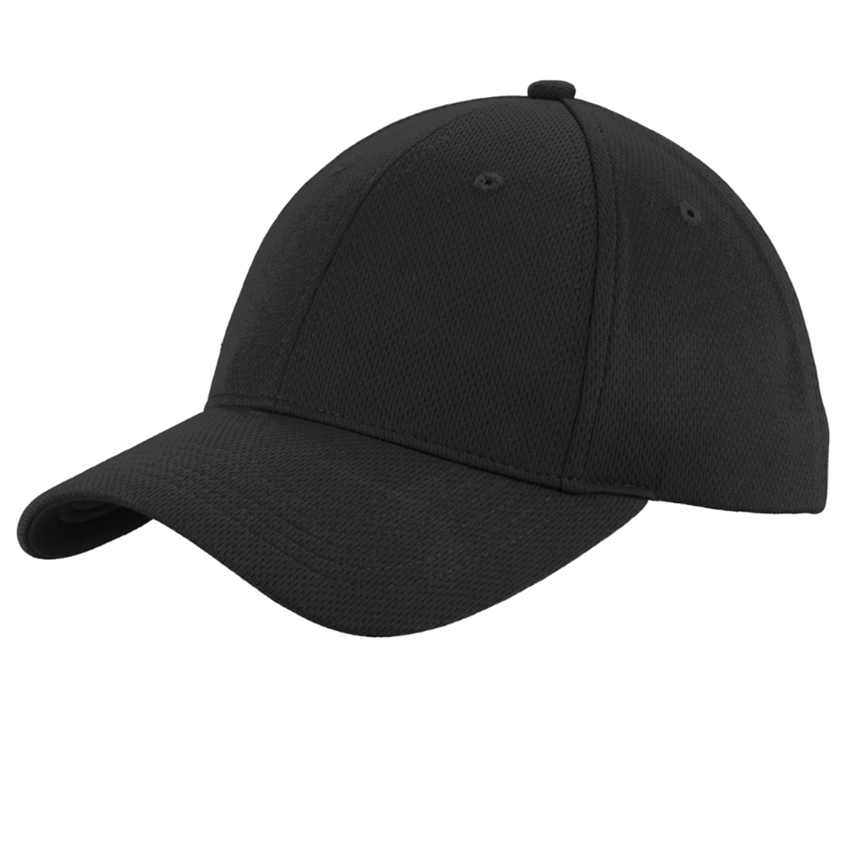 Black youth performance cap made from 100% polyester closed-hole flat-back mesh with PosiCharge® colorfast technology, moisture-wicking fabric, a structured mid-profile design, and a micro hook-and-loop adjustable closure.