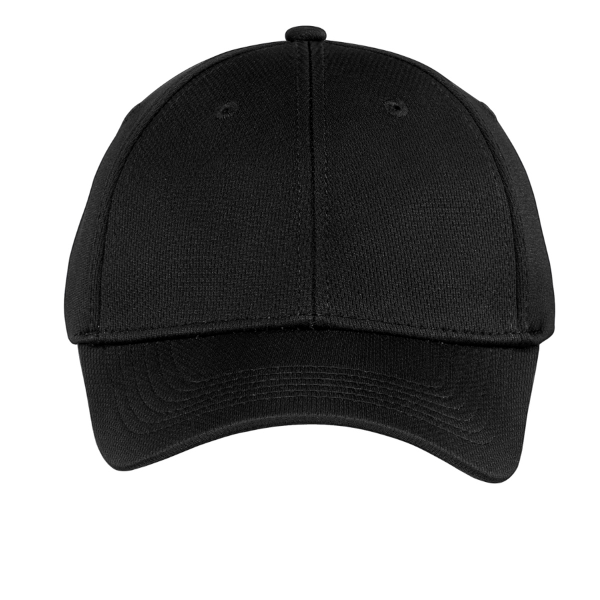 Black youth performance cap made from 100% polyester closed-hole flat-back mesh with PosiCharge® colorfast technology, moisture-wicking fabric, a structured mid-profile design, and a micro hook-and-loop adjustable closure.