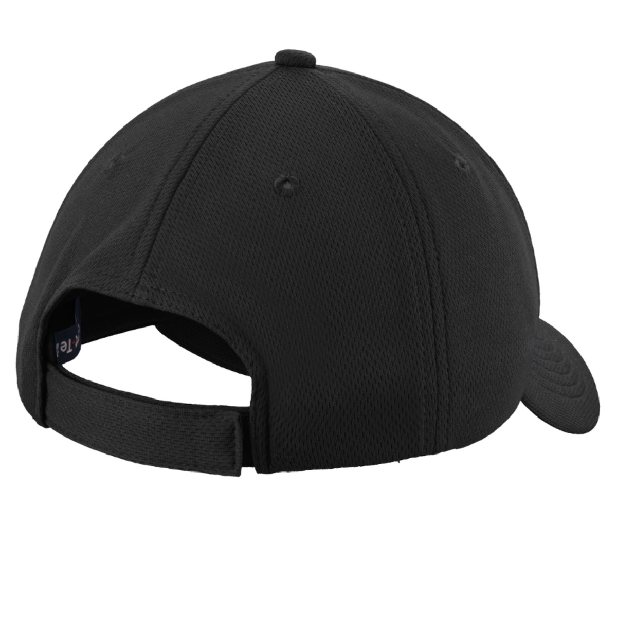 Black youth performance cap made from 100% polyester closed-hole flat-back mesh with PosiCharge® colorfast technology, moisture-wicking fabric, a structured mid-profile design, and a micro hook-and-loop adjustable closure.