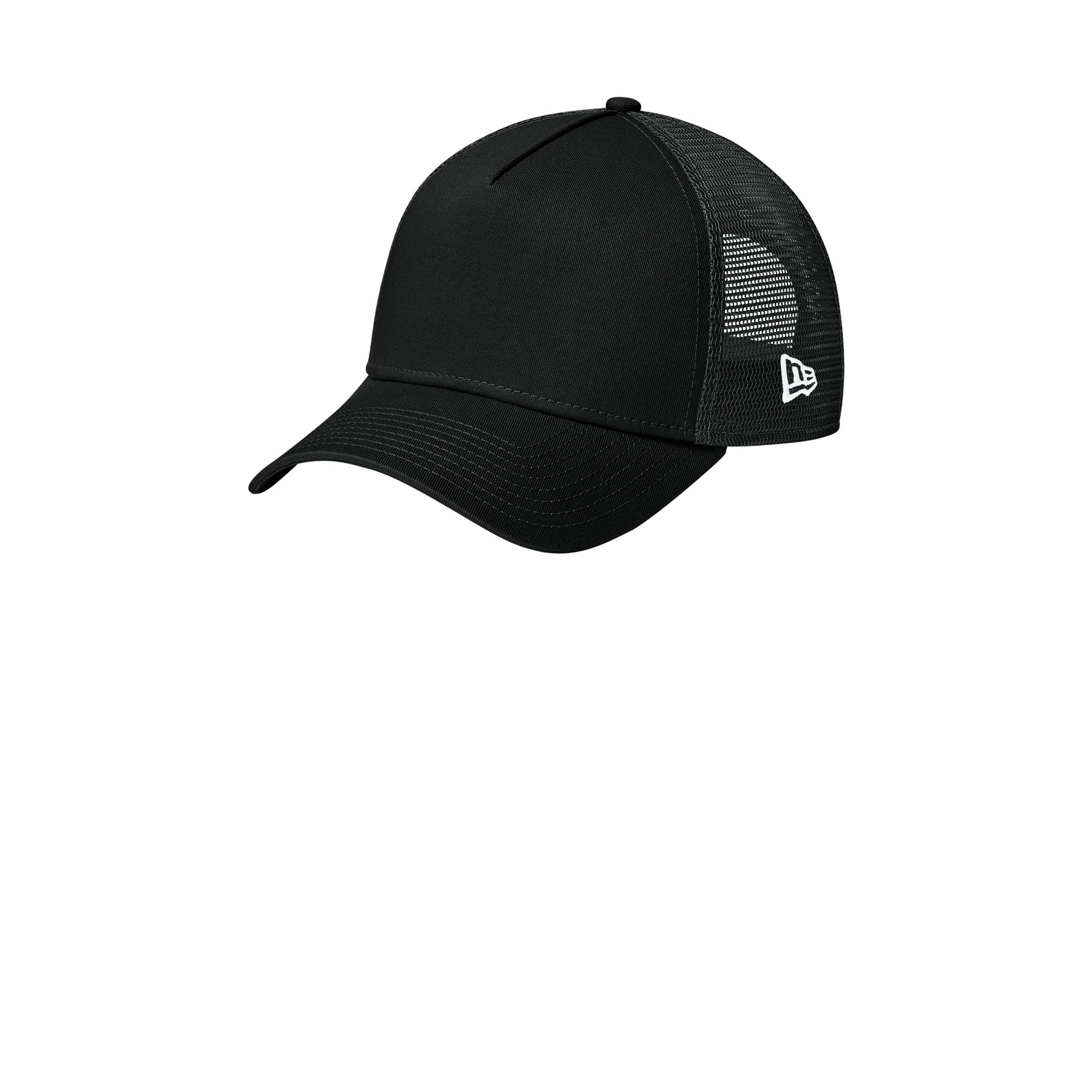 Flag Black/Black New Era Snapback Trucker Cap featuring a structured, high-profile 5-panel design with a cotton twill front and pre-curved visor, breathable polyester mesh mid and back panels, and a 7-position adjustable snapback closure for a secure, customizable fit.
