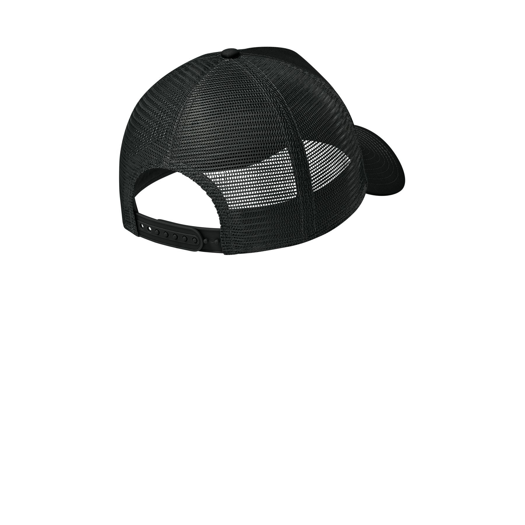 Flag Black/Black New Era Snapback Trucker Cap featuring a structured, high-profile 5-panel design with a cotton twill front and pre-curved visor, breathable polyester mesh mid and back panels, and a 7-position adjustable snapback closure for a secure, customizable fit.