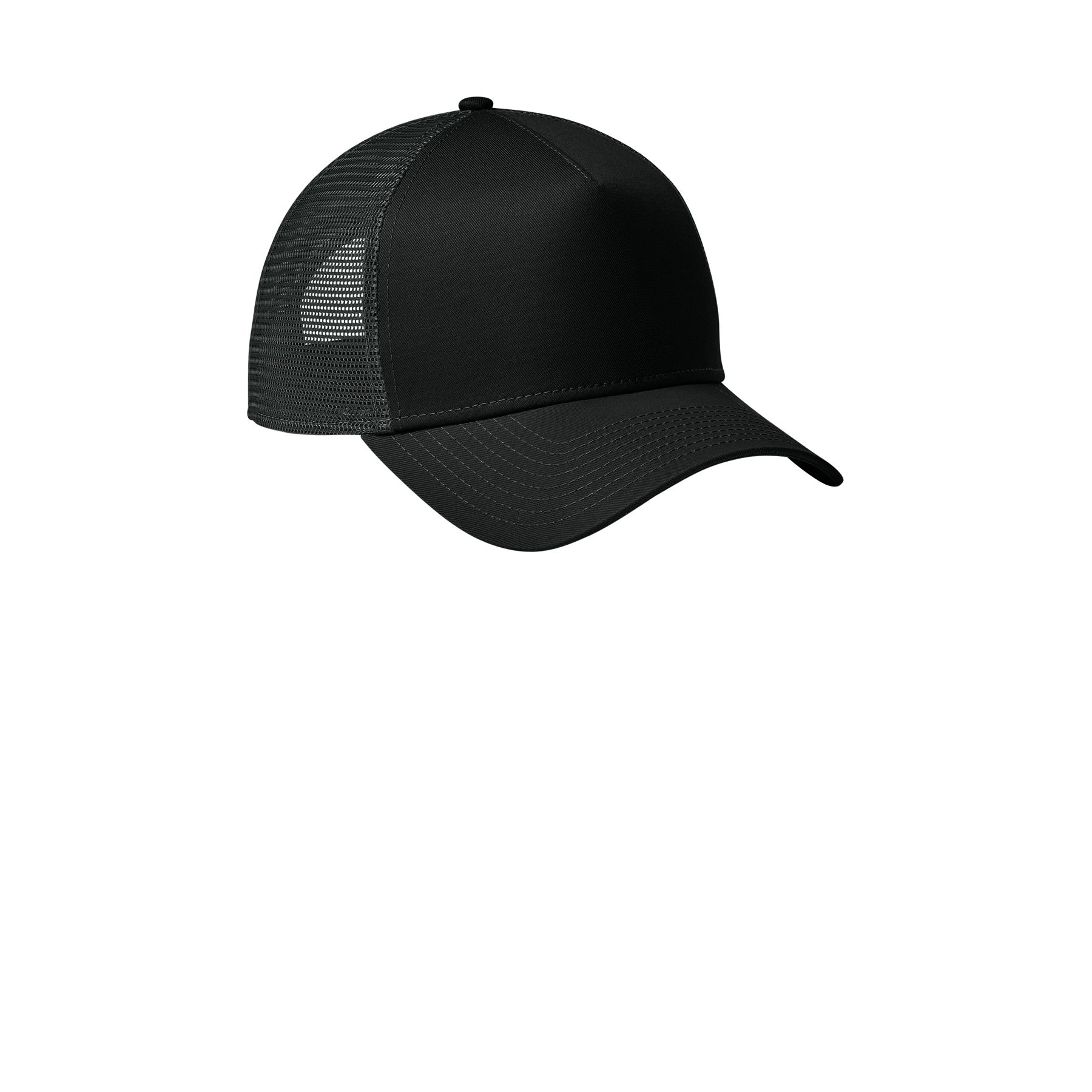 Flag Black/Black New Era Snapback Trucker Cap featuring a structured, high-profile 5-panel design with a cotton twill front and pre-curved visor, breathable polyester mesh mid and back panels, and a 7-position adjustable snapback closure for a secure, customizable fit.