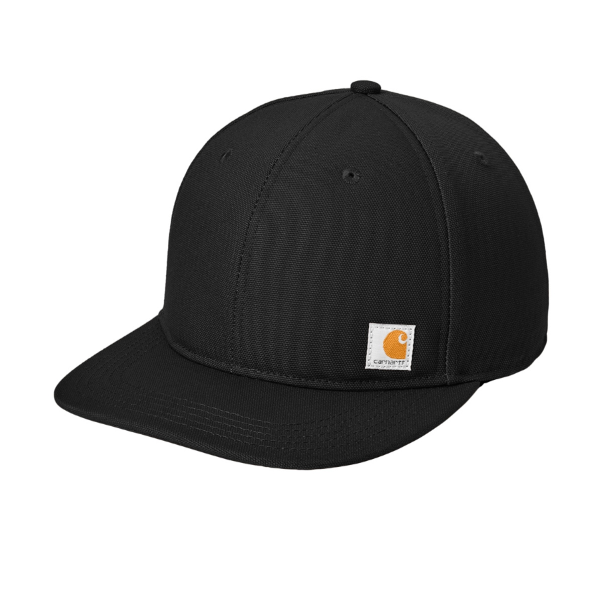 Black rugged cotton duck canvas cap featuring a structured high-profile design, flat brim visor, adjustable plastic closure, odor-fighting sweatband, and moisture-wicking technology.