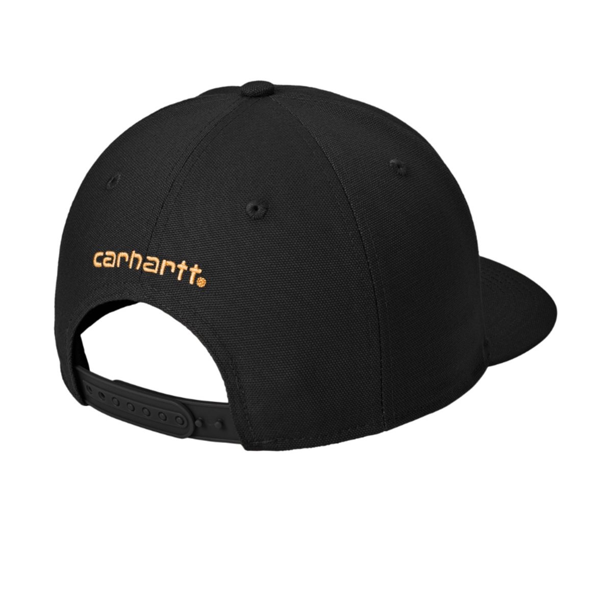 Black rugged cotton duck canvas cap featuring a structured high-profile design, flat brim visor, adjustable plastic closure, odor-fighting sweatband, and moisture-wicking technology.