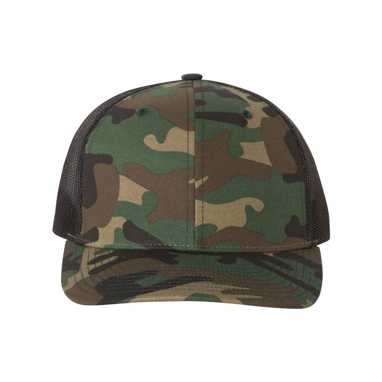 Army Camo/Black Structured six-panel patterned trucker cap made from durable polyester twill, featuring a mid-profile crown, pre-curved bill, and adjustable snapback closure. Available in assorted colors and camouflage patterns, with mesh backing on Green Camo and Desert Camo styles for added ventilation.