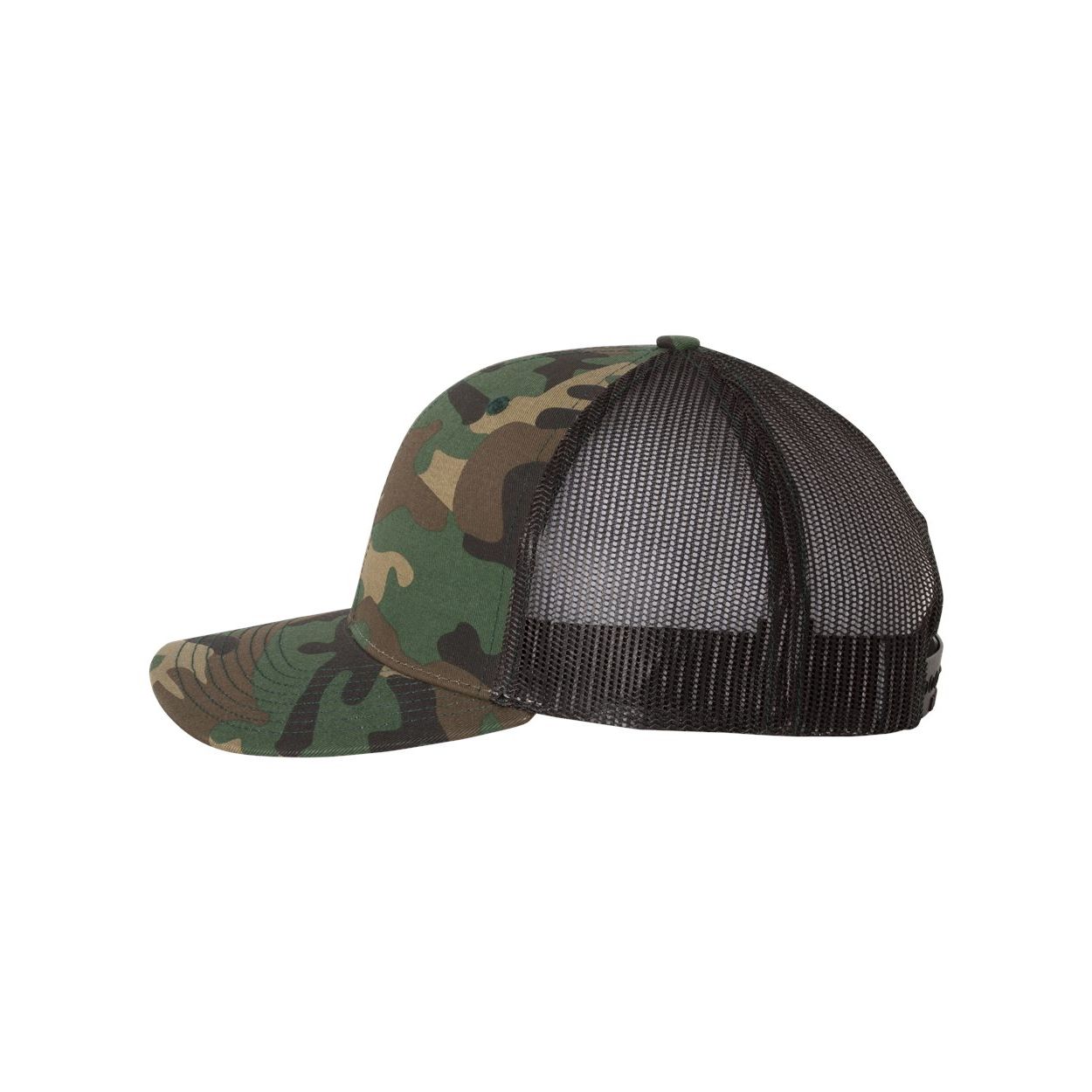 Army Camo/Black Structured six-panel patterned trucker cap made from durable polyester twill, featuring a mid-profile crown, pre-curved bill, and adjustable snapback closure. Available in assorted colors and camouflage patterns, with mesh backing on Green Camo and Desert Camo styles for added ventilation.