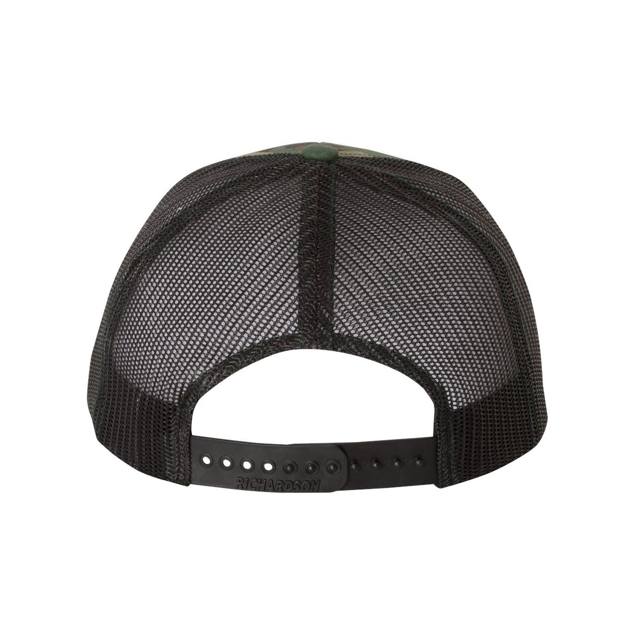 Army Camo/Black Structured six-panel patterned trucker cap made from durable polyester twill, featuring a mid-profile crown, pre-curved bill, and adjustable snapback closure. Available in assorted colors and camouflage patterns, with mesh backing on Green Camo and Desert Camo styles for added ventilation.