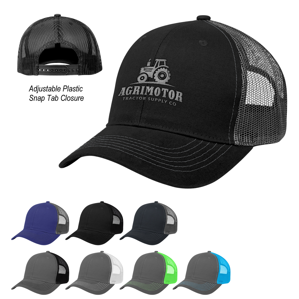 Cotton Twill Mesh Back Cap featuring a structured, low-profile crown made of brushed cotton twill, a breathable mesh back, and a pre-curved visor for a classic casual look. The adjustable plastic snap closure provides a secure fit, making it suitable for everyday wear, outdoor activities, and custom-branded events.