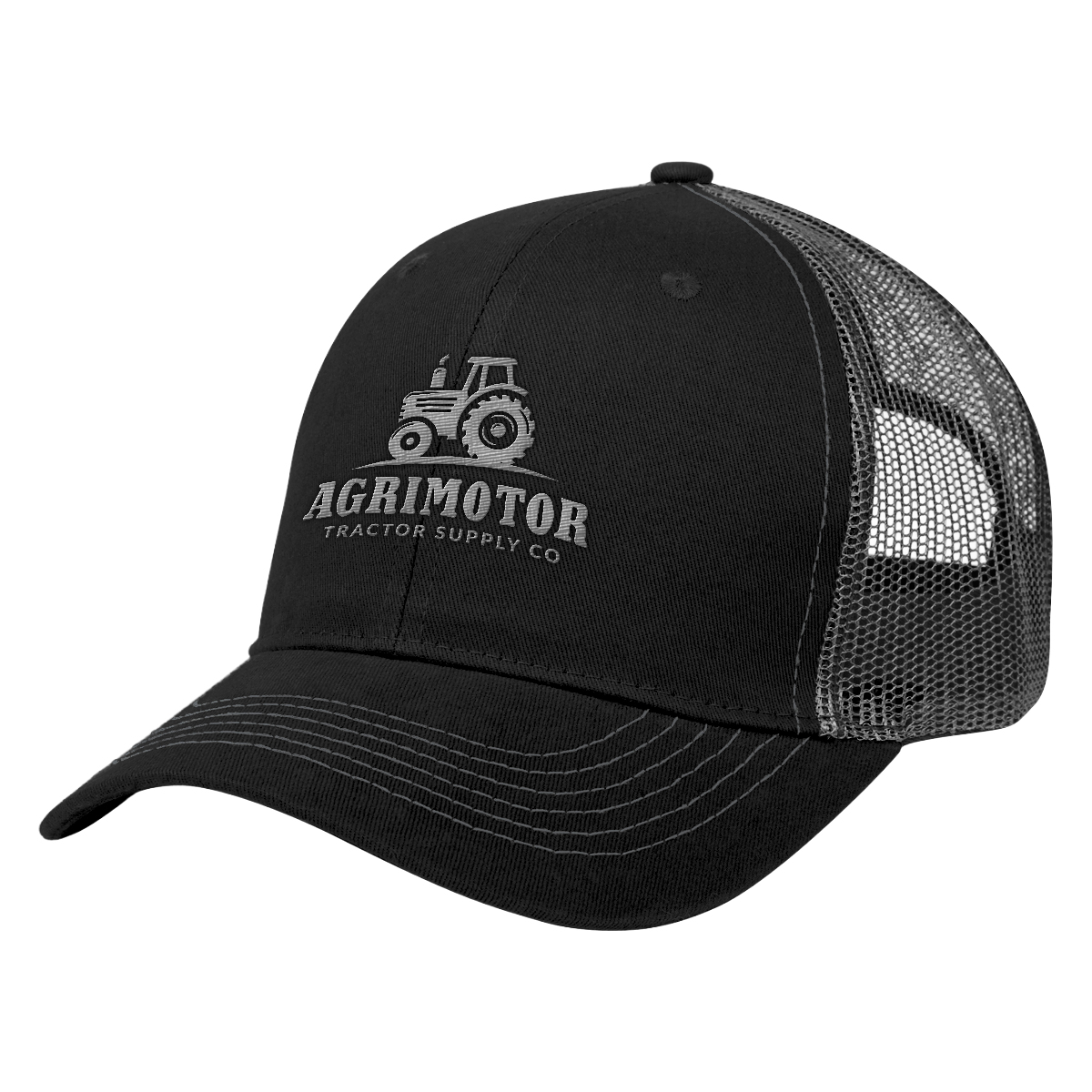 Black/Gray Cotton Twill Mesh Back Cap featuring a structured, low-profile crown made of brushed cotton twill, a breathable mesh back, and a pre-curved visor for a classic casual look. The adjustable plastic snap closure provides a secure fit, making it suitable for everyday wear, outdoor activities, and custom-branded events.