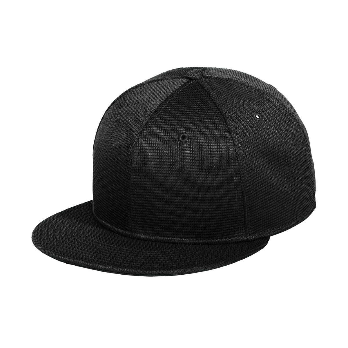 Black New Era Pivot Flat Bill Snapback Cap featuring a subtle gridded texture, structured high-profile crown, and flat bill in durable 100% polyester with a 100% cotton undervisor. Designed with a seven-position adjustable snapback closure, this retro-inspired performance cap offers a customizable fit for everyday wear, sports teams, and custom logo branding.