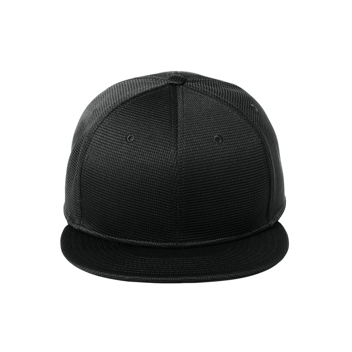 Black New Era Pivot Flat Bill Snapback Cap featuring a subtle gridded texture, structured high-profile crown, and flat bill in durable 100% polyester with a 100% cotton undervisor. Designed with a seven-position adjustable snapback closure, this retro-inspired performance cap offers a customizable fit for everyday wear, sports teams, and custom logo branding.