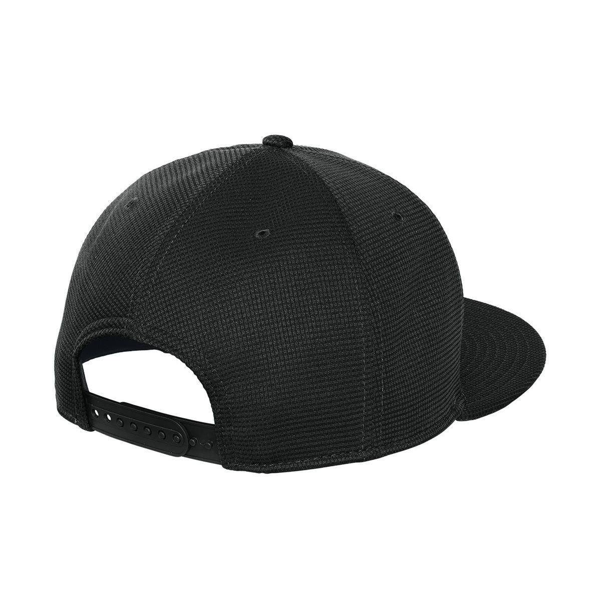Black New Era Pivot Flat Bill Snapback Cap featuring a subtle gridded texture, structured high-profile crown, and flat bill in durable 100% polyester with a 100% cotton undervisor. Designed with a seven-position adjustable snapback closure, this retro-inspired performance cap offers a customizable fit for everyday wear, sports teams, and custom logo branding.