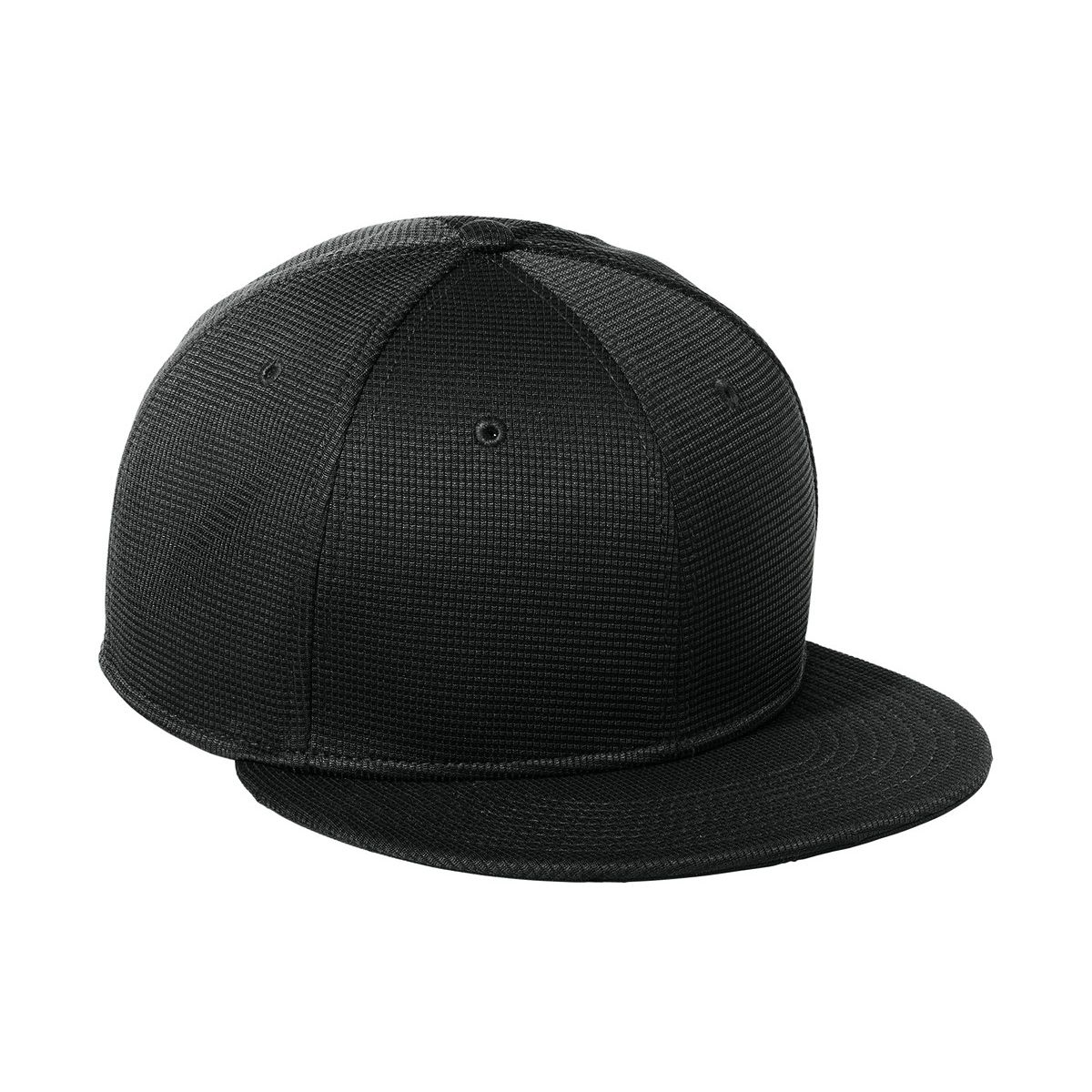 Black New Era Pivot Flat Bill Snapback Cap featuring a subtle gridded texture, structured high-profile crown, and flat bill in durable 100% polyester with a 100% cotton undervisor. Designed with a seven-position adjustable snapback closure, this retro-inspired performance cap offers a customizable fit for everyday wear, sports teams, and custom logo branding.