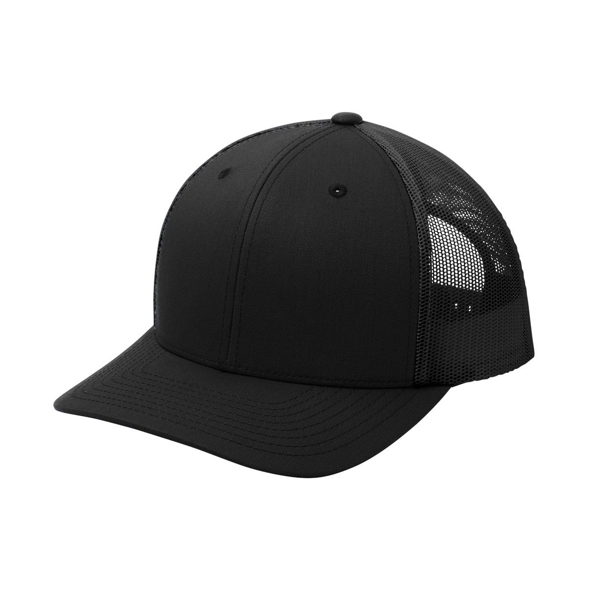 Black/Black Sport-Tek Yupoong® Retro Trucker Cap featuring a structured, mid-profile crown, cotton-polyester front panels, breathable polyester mesh back, and curved Permacurv® bill. Designed with a classic trucker style and adjustable snapback closure for a comfortable, customizable fit, ideal for everyday wear, team apparel, and custom logo branding.
