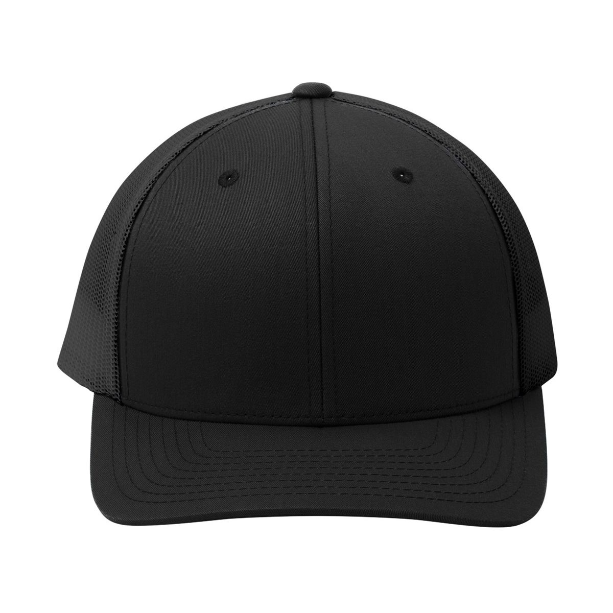 Black/Black Sport-Tek Yupoong® Retro Trucker Cap featuring a structured, mid-profile crown, cotton-polyester front panels, breathable polyester mesh back, and curved Permacurv® bill. Designed with a classic trucker style and adjustable snapback closure for a comfortable, customizable fit, ideal for everyday wear, team apparel, and custom logo branding.