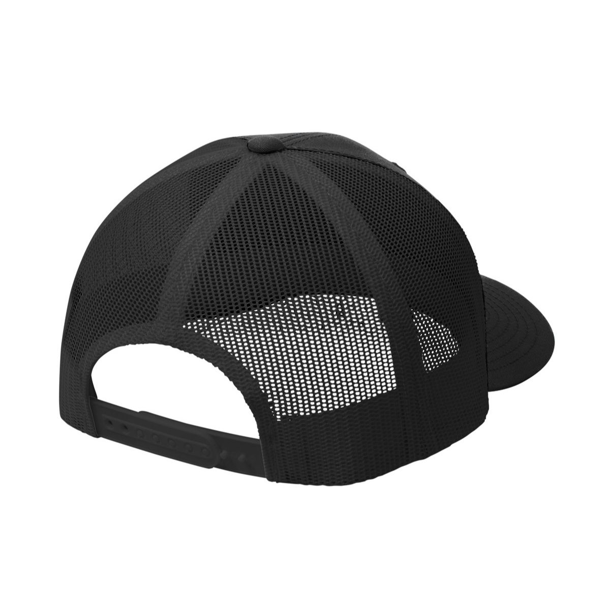 Black/Black Sport-Tek Yupoong® Retro Trucker Cap featuring a structured, mid-profile crown, cotton-polyester front panels, breathable polyester mesh back, and curved Permacurv® bill. Designed with a classic trucker style and adjustable snapback closure for a comfortable, customizable fit, ideal for everyday wear, team apparel, and custom logo branding.