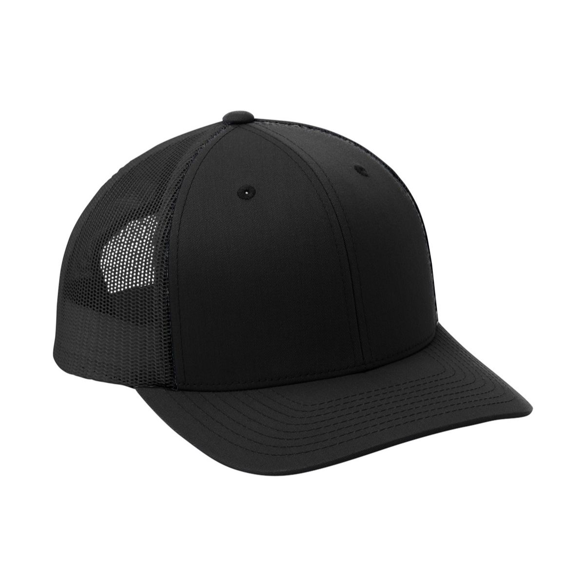 Black/Black Sport-Tek Yupoong® Retro Trucker Cap featuring a structured, mid-profile crown, cotton-polyester front panels, breathable polyester mesh back, and curved Permacurv® bill. Designed with a classic trucker style and adjustable snapback closure for a comfortable, customizable fit, ideal for everyday wear, team apparel, and custom logo branding.