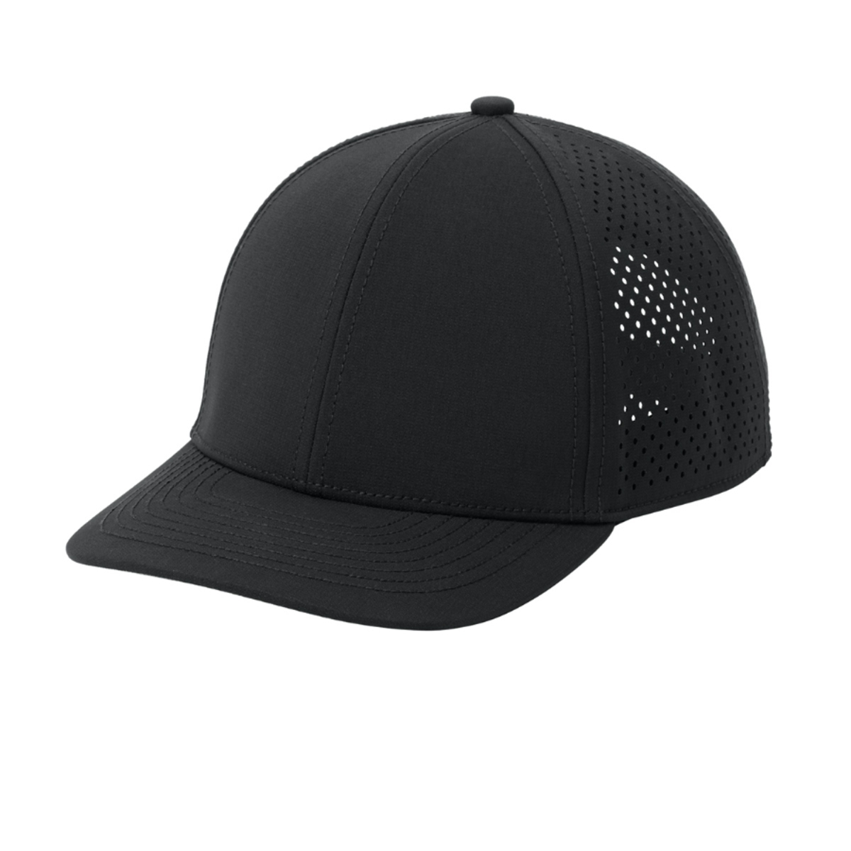 Blacktop performance cap made from polyester and spandex micro ripstop fabric with a water-repellent finish, breathable perforated panels, curved bill, and adjustable snapback closure.