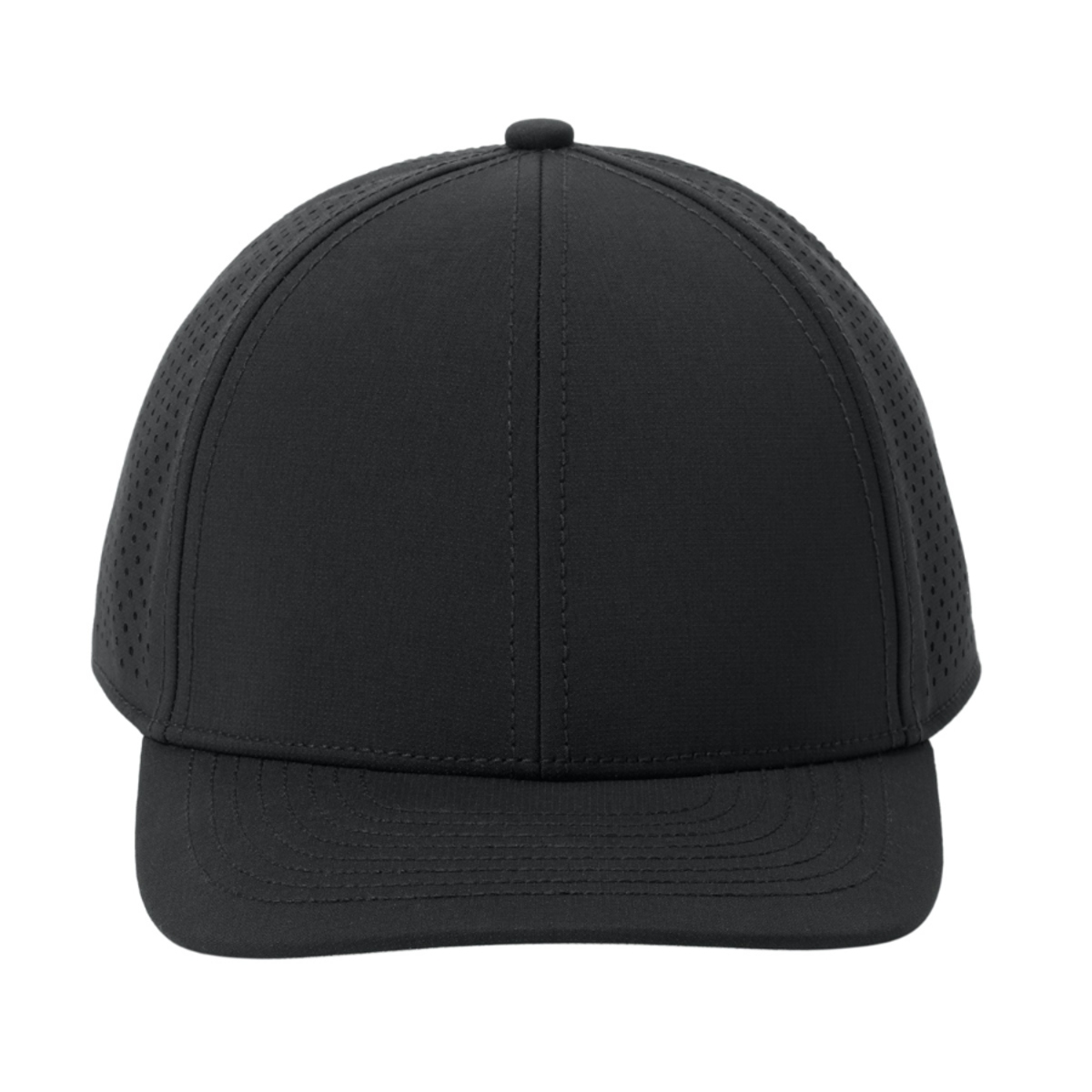 Blacktop performance cap made from polyester and spandex micro ripstop fabric with a water-repellent finish, breathable perforated panels, curved bill, and adjustable snapback closure.