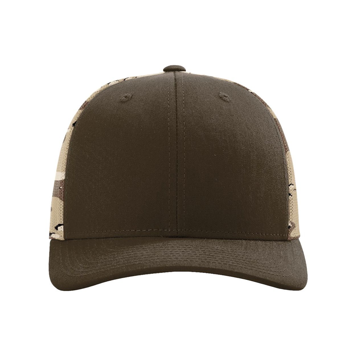 Brown/Desert Camo Structured six-panel Richardson Printed Mesh-Back Trucker Cap featuring a cotton-polyester twill front, breathable 100% polyester mesh back, pre-curved bill, and adjustable snapback closure. Available in standard colors and camouflage patterns, including Green Camo and Mossy Oak Camo, this mid-profile cap offers a classic fit for everyday wear, outdoor activities, and custom logo branding.