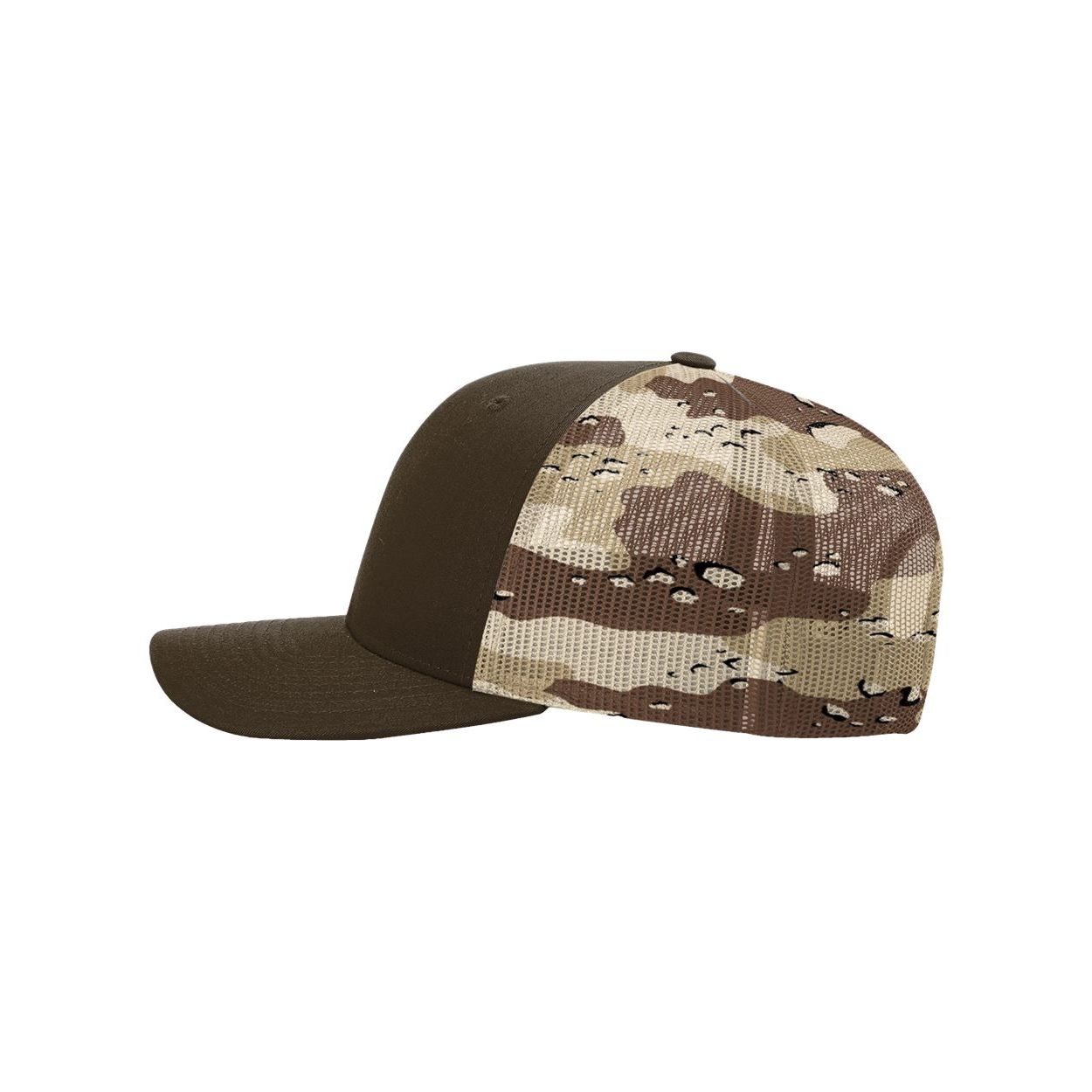 Brown/Desert Camo Structured six-panel Richardson Printed Mesh-Back Trucker Cap featuring a cotton-polyester twill front, breathable 100% polyester mesh back, pre-curved bill, and adjustable snapback closure. Available in standard colors and camouflage patterns, including Green Camo and Mossy Oak Camo, this mid-profile cap offers a classic fit for everyday wear, outdoor activities, and custom logo branding.