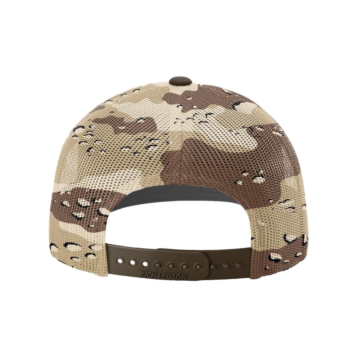 Brown/Desert Camo Structured six-panel Richardson Printed Mesh-Back Trucker Cap featuring a cotton-polyester twill front, breathable 100% polyester mesh back, pre-curved bill, and adjustable snapback closure. Available in standard colors and camouflage patterns, including Green Camo and Mossy Oak Camo, this mid-profile cap offers a classic fit for everyday wear, outdoor activities, and custom logo branding.