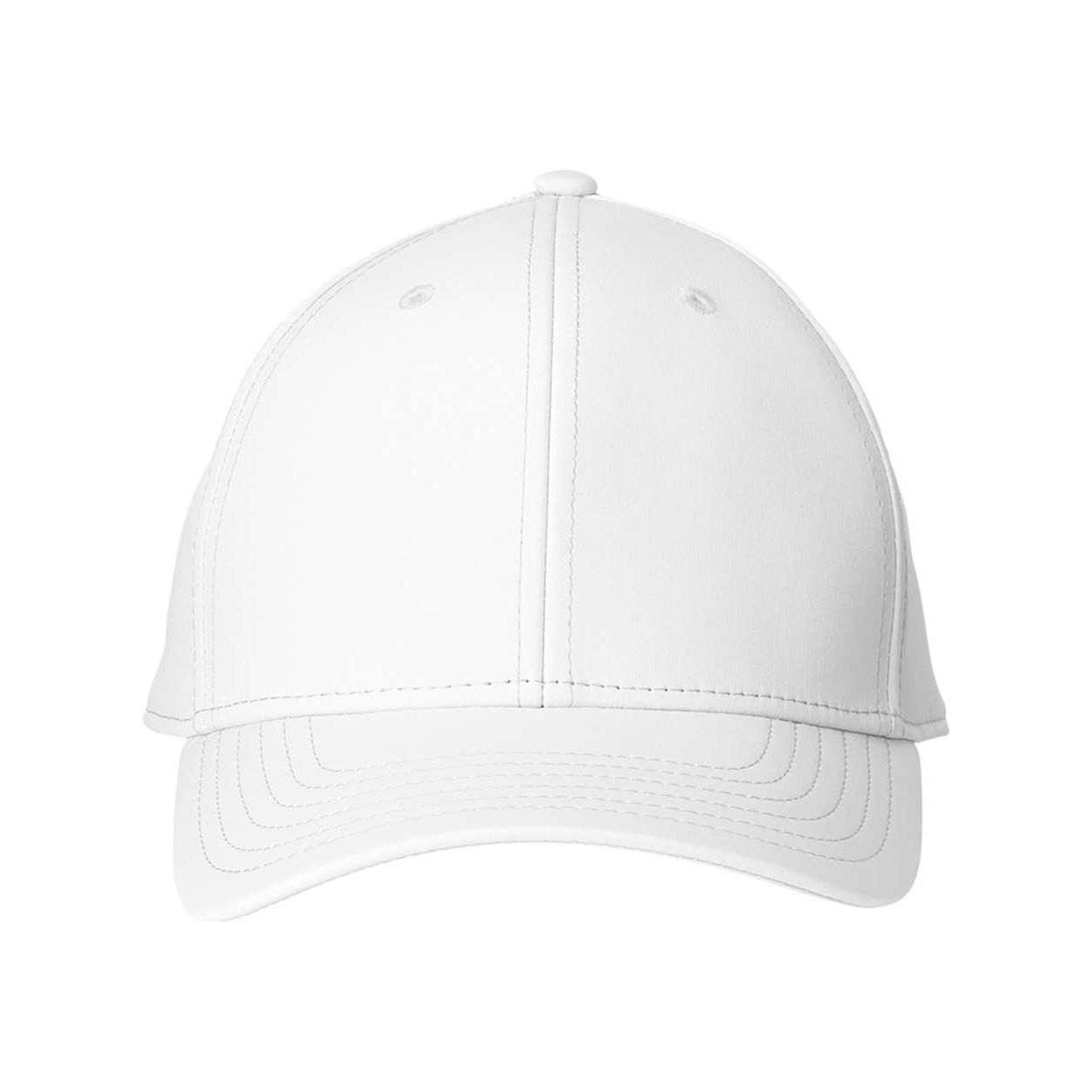 White structured six-panel performance baseball cap made from 100% polyester with moisture-management fabric, ventilation eyelets, a whale tab on the back, and a snapback closure.