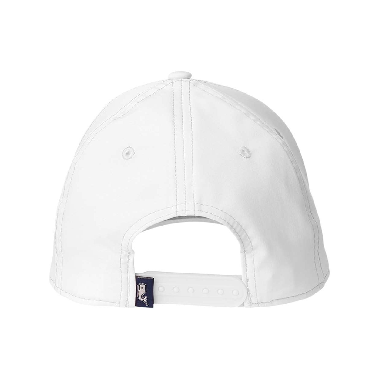 White structured six-panel performance baseball cap made from 100% polyester with moisture-management fabric, ventilation eyelets, a whale tab on the back, and a snapback closure.