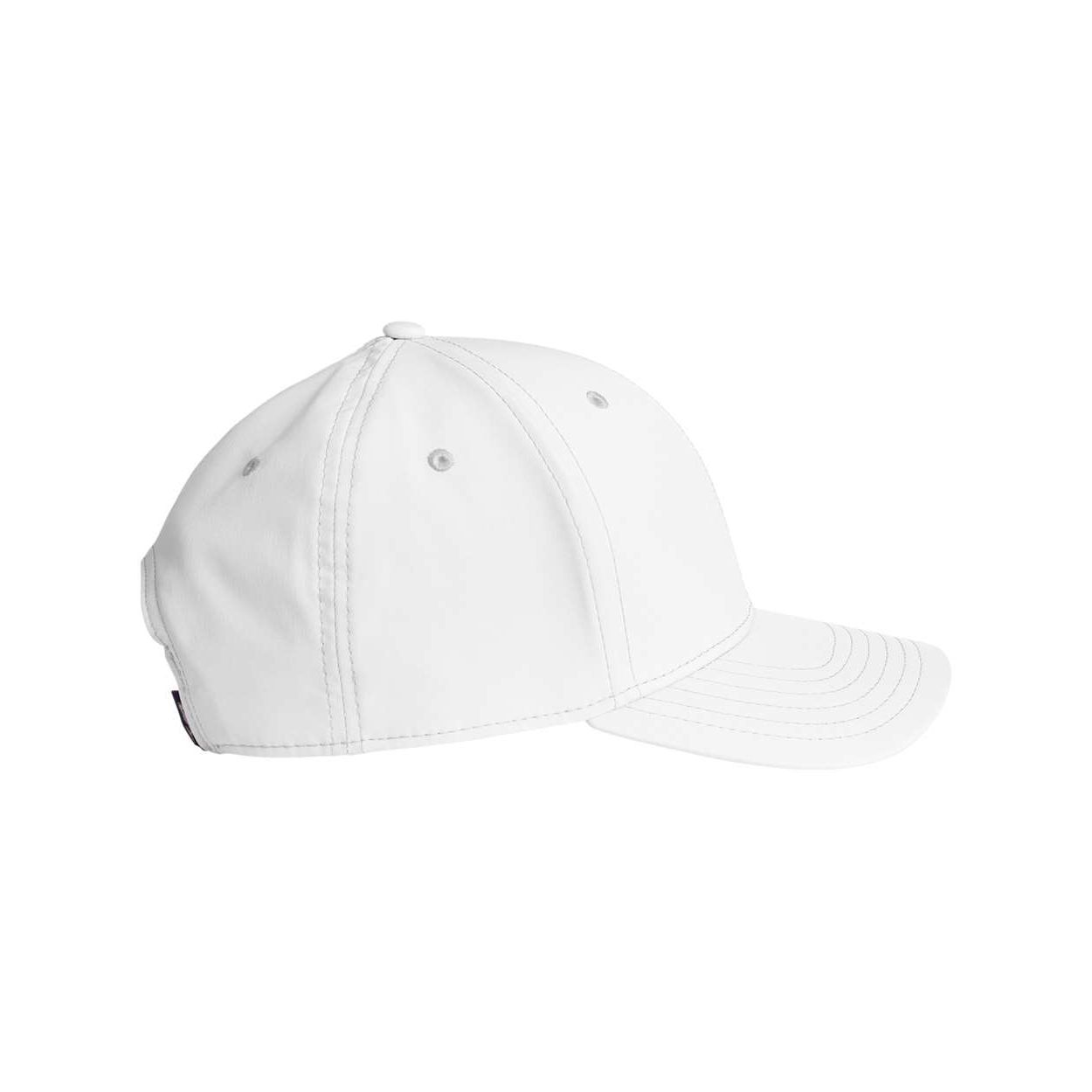 White structured six-panel performance baseball cap made from 100% polyester with moisture-management fabric, ventilation eyelets, a whale tab on the back, and a snapback closure.