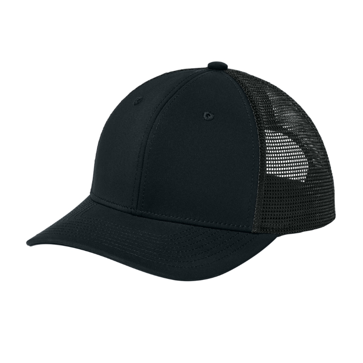Black trucker cap with stretch polyester-spandex front panels, breathable polyester mesh back, curved bill, moisture-wicking sweatband, and adjustable snapback closure.
