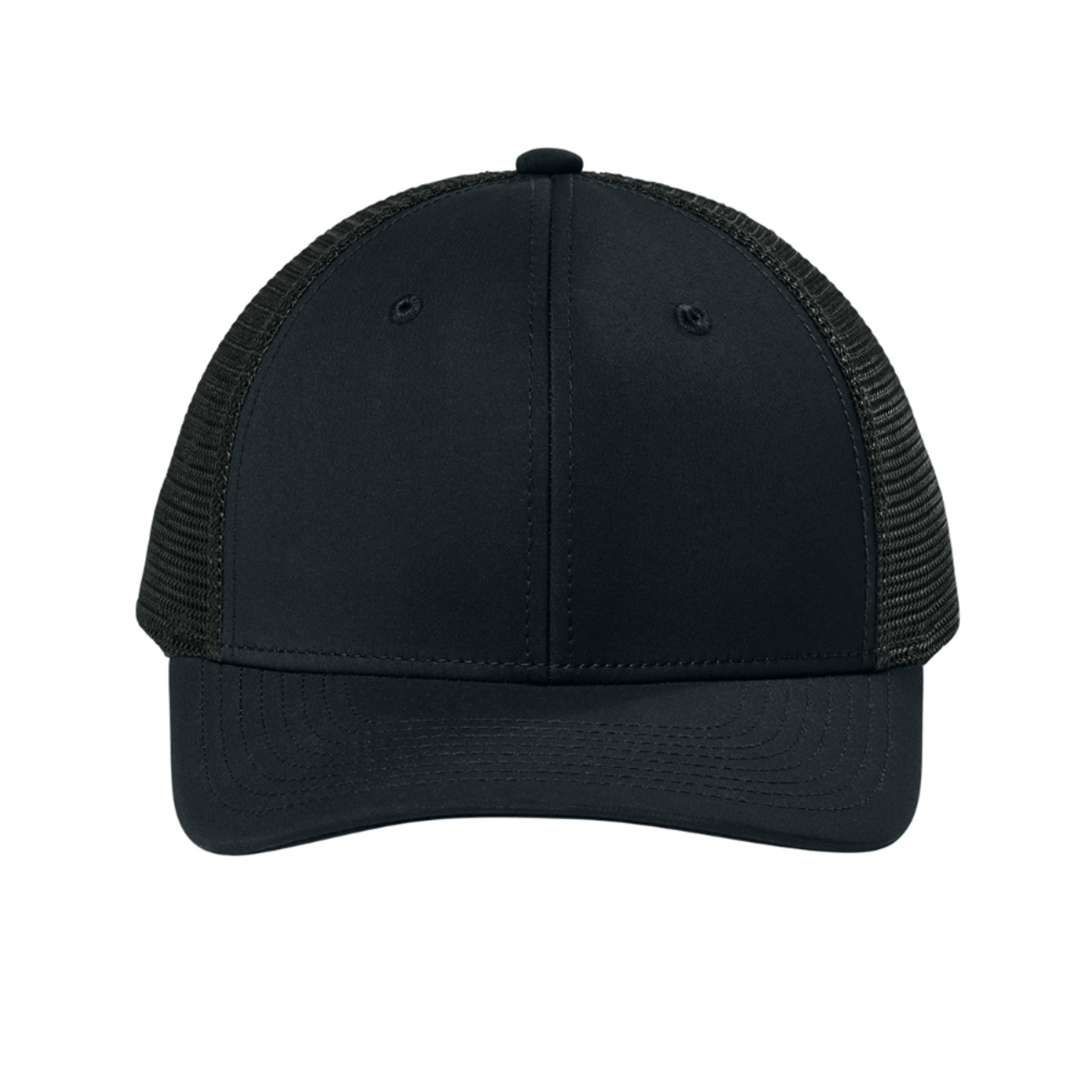 Black trucker cap with stretch polyester-spandex front panels, breathable polyester mesh back, curved bill, moisture-wicking sweatband, and adjustable snapback closure.