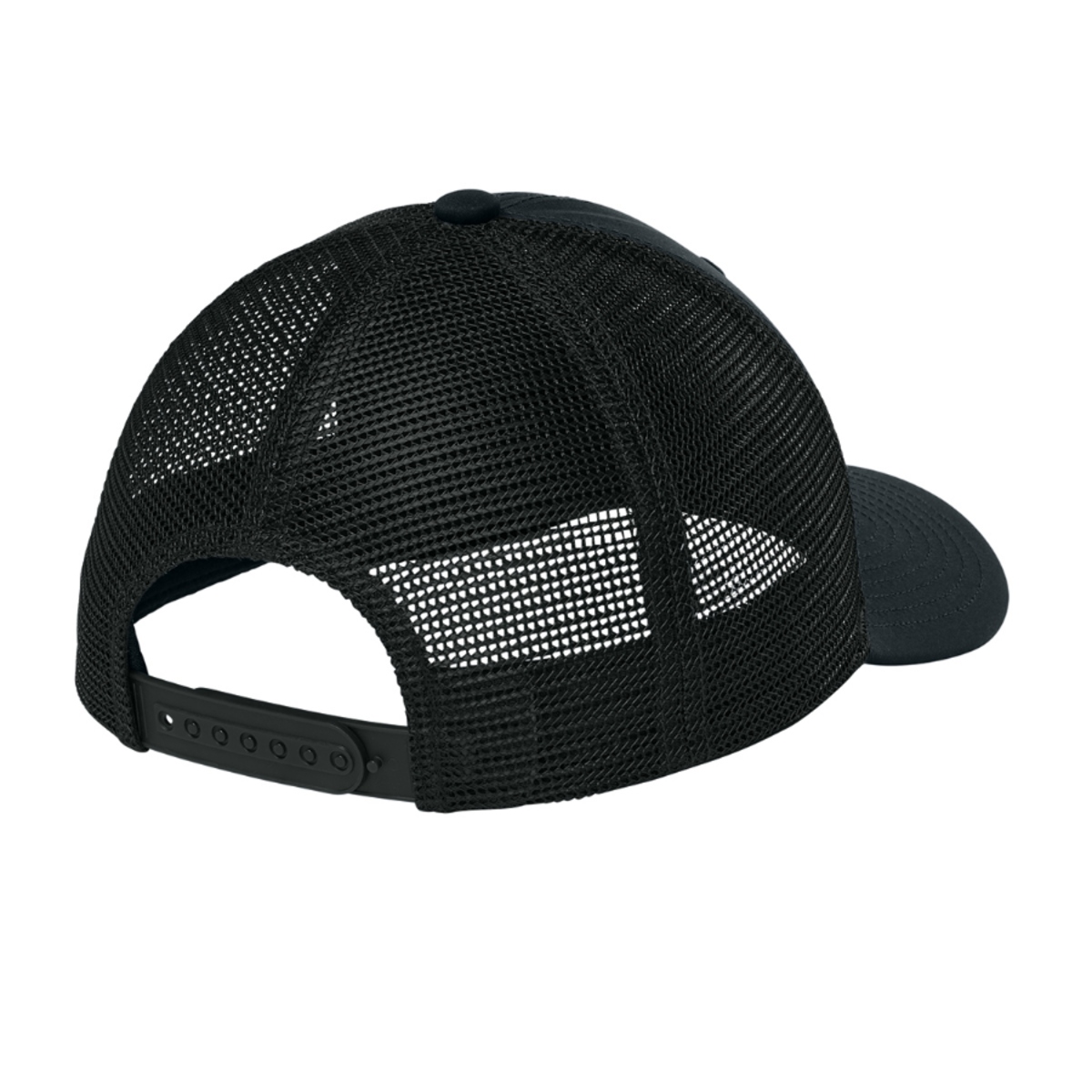 Black trucker cap with stretch polyester-spandex front panels, breathable polyester mesh back, curved bill, moisture-wicking sweatband, and adjustable snapback closure.