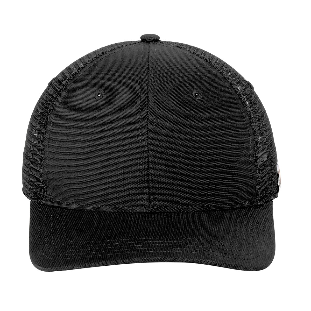 Black Carhartt® Canvas Mesh Back Cap featuring a washed cotton canvas front, breathable black polyester mesh back, pre-curved visor, and adjustable plastic closure. Designed with a moisture-wicking, quick-drying, odor-fighting sweatband and a sewn-on Carhartt label on the side for comfortable all-day wear at work or outdoors.