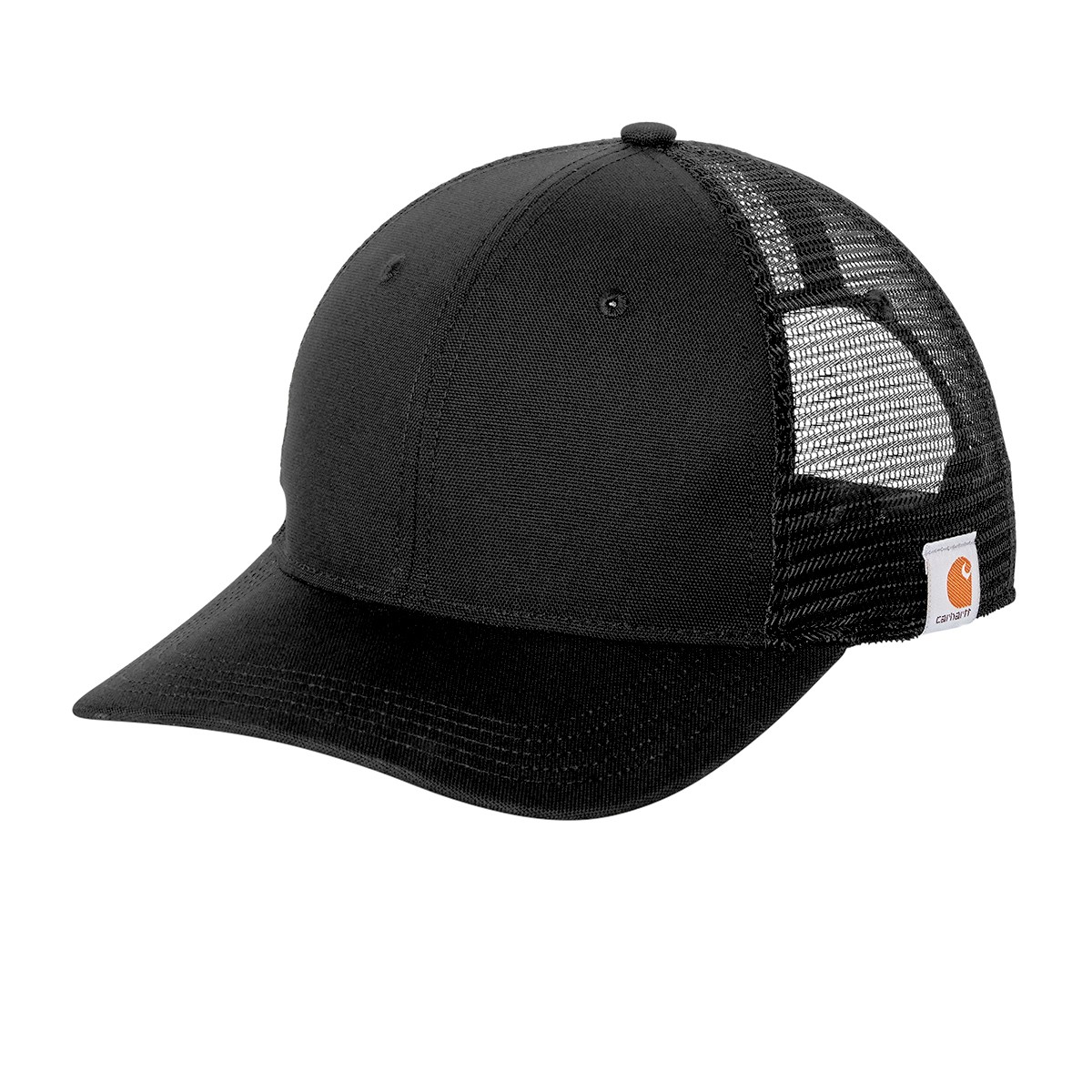 Black Carhartt® Canvas Mesh Back Cap featuring a washed cotton canvas front, breathable black polyester mesh back, pre-curved visor, and adjustable plastic closure. Designed with a moisture-wicking, quick-drying, odor-fighting sweatband and a sewn-on Carhartt label on the side for comfortable all-day wear at work or outdoors.
