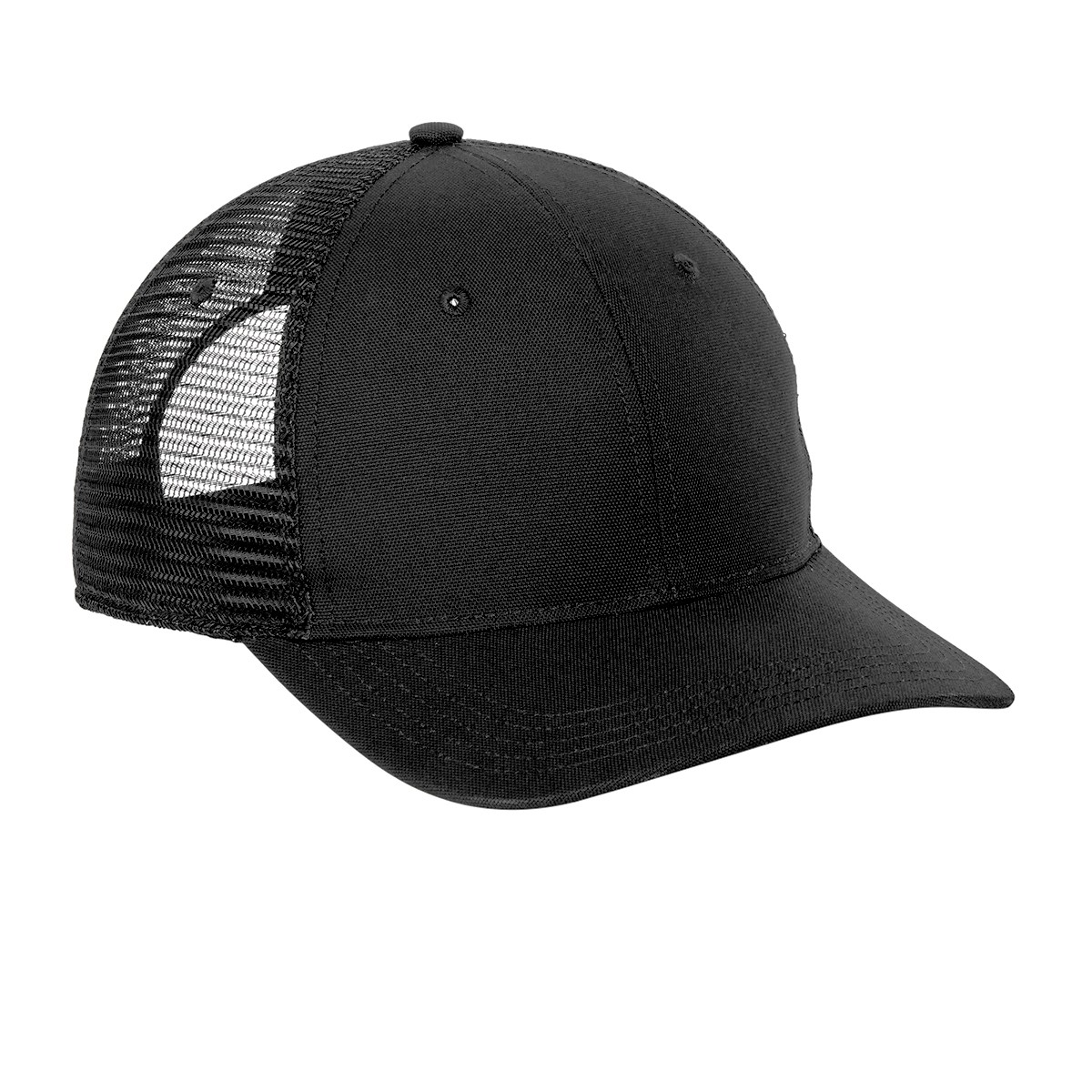 Black Carhartt® Canvas Mesh Back Cap featuring a washed cotton canvas front, breathable black polyester mesh back, pre-curved visor, and adjustable plastic closure. Designed with a moisture-wicking, quick-drying, odor-fighting sweatband and a sewn-on Carhartt label on the side for comfortable all-day wear at work or outdoors.