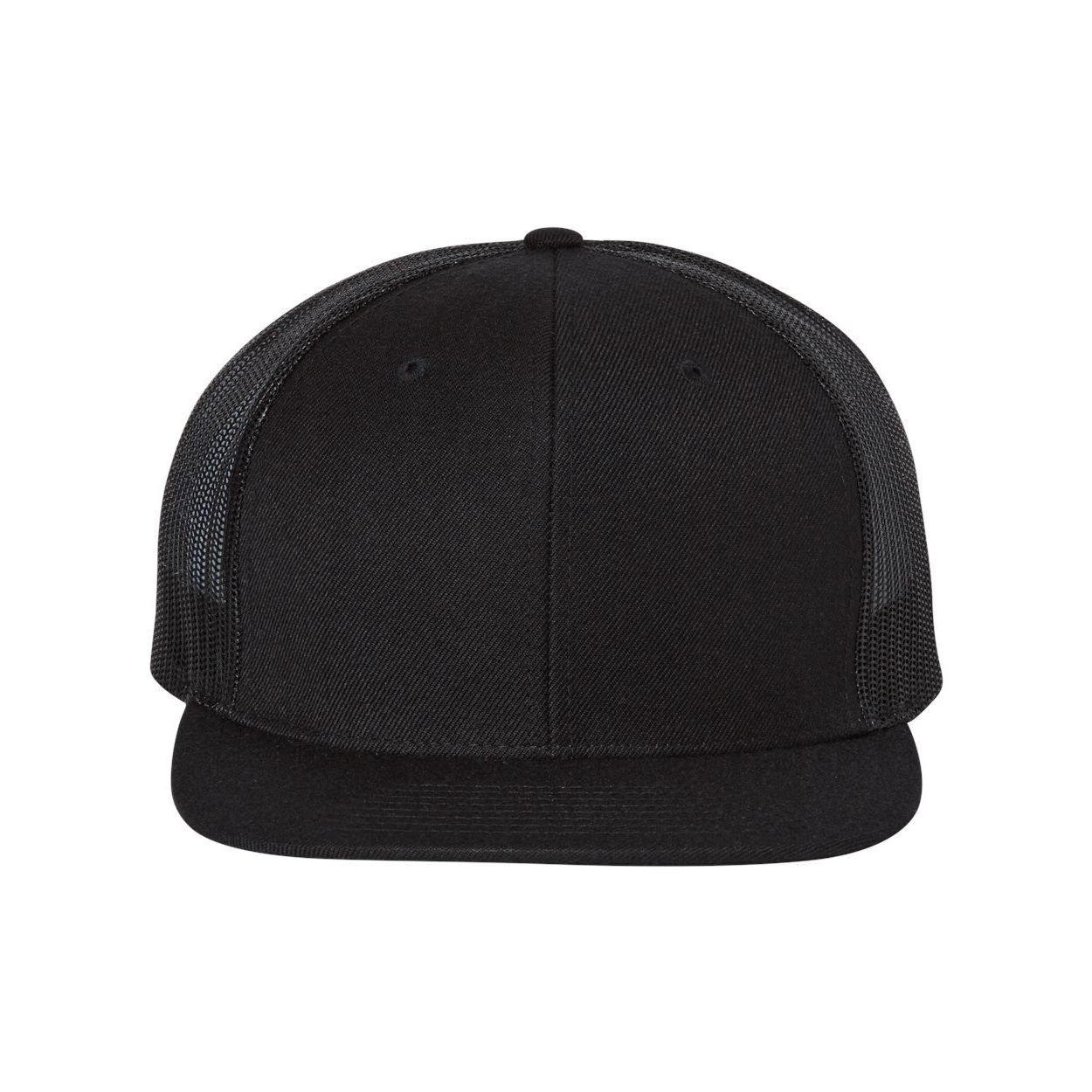 Black/Black Richardson Wool Blend Flat Bill Trucker Cap featuring a structured, high-profile six-panel crown, flat bill, wool-blend front panels, and breathable polyester mesh back. Designed in a classic athletic style with an adjustable snapback closure, this cap offers a comfortable fit and a bold look for everyday wear and custom logo branding.