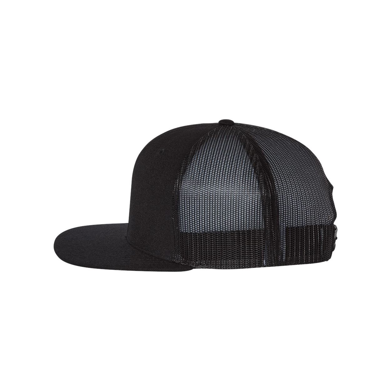 Black/Black Richardson Wool Blend Flat Bill Trucker Cap featuring a structured, high-profile six-panel crown, flat bill, wool-blend front panels, and breathable polyester mesh back. Designed in a classic athletic style with an adjustable snapback closure, this cap offers a comfortable fit and a bold look for everyday wear and custom logo branding.