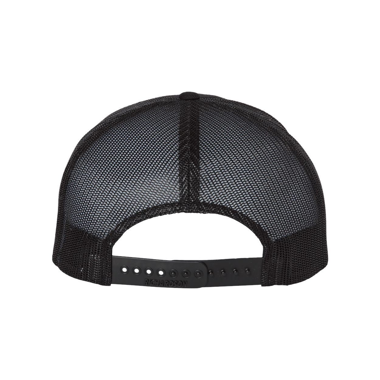Black/Black Richardson Wool Blend Flat Bill Trucker Cap featuring a structured, high-profile six-panel crown, flat bill, wool-blend front panels, and breathable polyester mesh back. Designed in a classic athletic style with an adjustable snapback closure, this cap offers a comfortable fit and a bold look for everyday wear and custom logo branding.