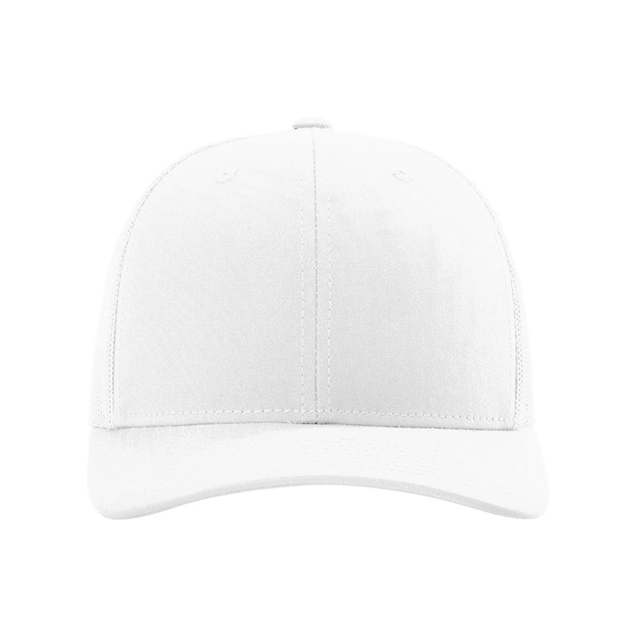 White Adjustable Trucker Cap featuring a structured, mid-profile six-panel design, pre-curved bill, and breathable stretch mesh back. Made with a 60/40 cotton-polyester twill front and 95/5 polyester-spandex mesh, it includes a comfort stretch sweatband and R-Flex snapback closure for a flexible, secure fit. Ideal for custom branding and promotional giveaways.